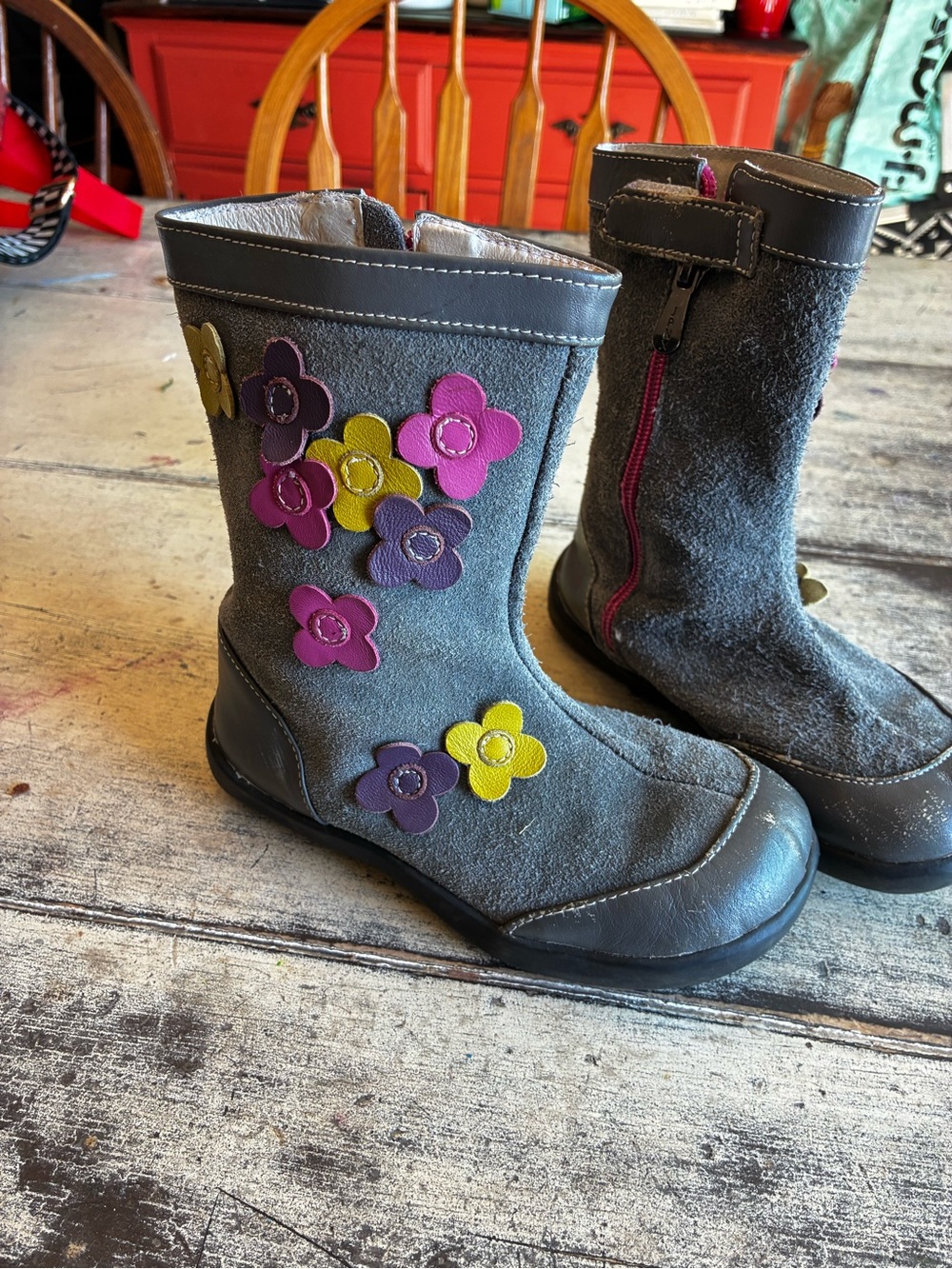 See Kai Run Gray Suede Kids Boots with Purple & Yellow Flower Appliqués